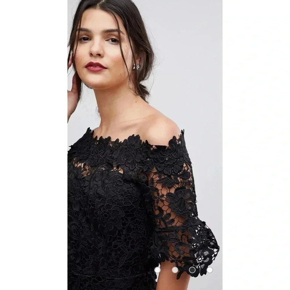 Paper Dolls London Black Off The Shoulder Frill Sleeve Crochet Lace Maxi Dress - Picture 2 of 13